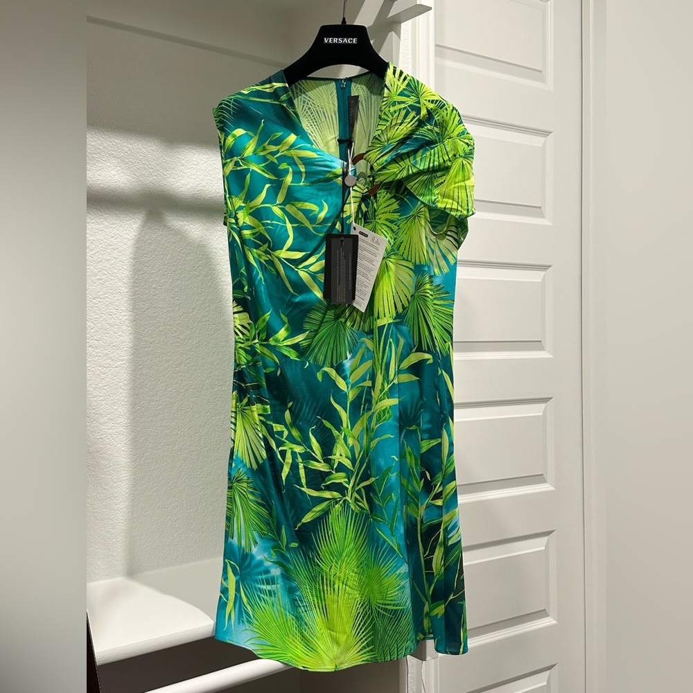 Versace Green and Blue Leaf Print Dress